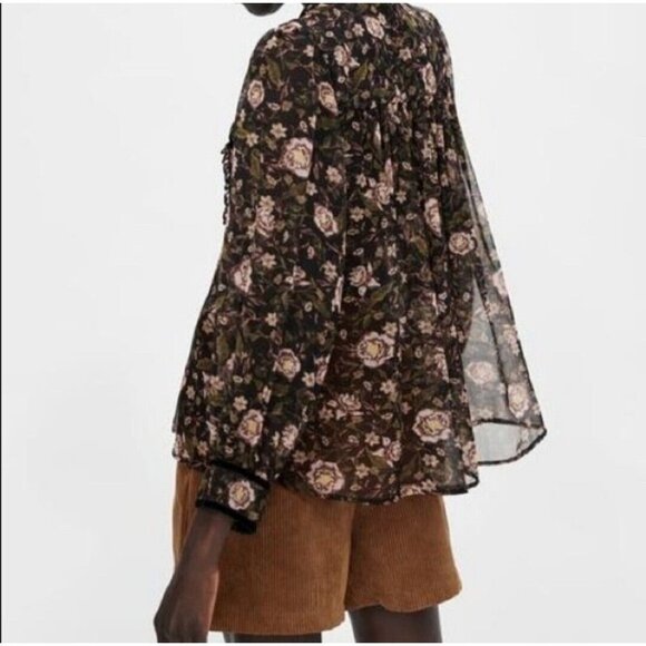 Zara Sheer Floral Blouse Womens Size Medium Black Long Sleeve Boho Peasant Top - Picture 2 of 15